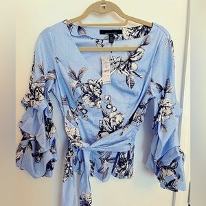 Blue pinstriped/floral. Side zipper, puffy sleeves, WHBM
